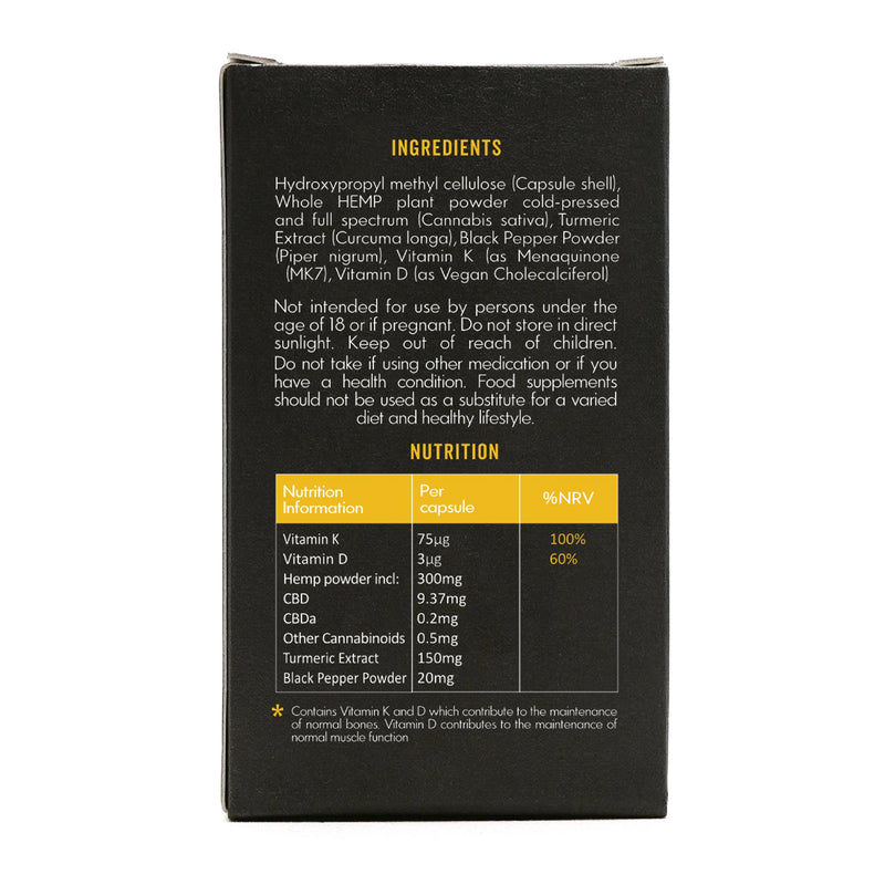Ingredients of EASE CBD capsules for pain printed on side of the packaging.