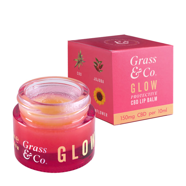 Grass and Co. hydrating CBD lip balm skincare product next to its packaging.