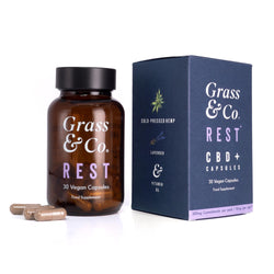 REST CBD capsules for sleep bottle and packaging.